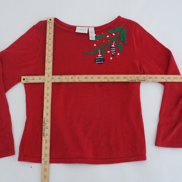 Vintage Liz Claiborne Red Green Embroidered Christmas Ornaments Knit Crewneck L - Picture 4 of 10